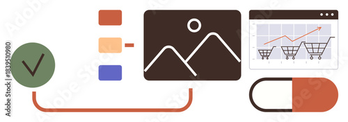 Checkmark linked to chart, gallery, shopping cart stats, and pill icon represents growth, organization, visual data, and health. Ideal for productivity, strategy e-commerce analytics healthcare