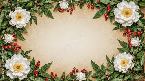Festive Christmas Wreath Border Illustration with Red Berries and Green Pine Branches on Neutral Background with Copy Space