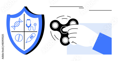 Hand spinning a black fidget toy next to a shield with DNA, stethoscope, pill, and syringe symbols. Ideal for healthcare, stress relief, focus, wellness medicine therapy prevention. Simple flat