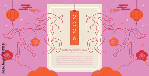 Modern geometric banner and card for Chinese New Year 2026 - Year of the Horse. social media promotional content