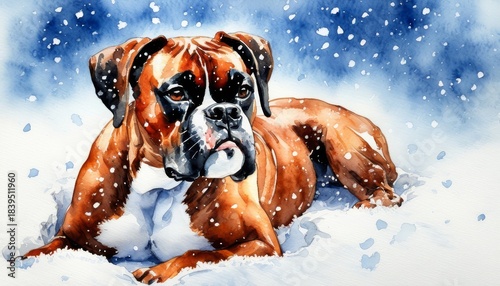 Watercolor painting of boxer under falling snow, soft festive colors