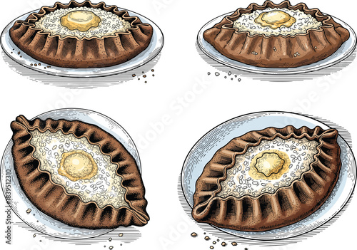 Finnish Karelian Pie Karjalanpiirakka Traditional Rye Crust Rice Pastry Food Icon Set Nordic Cuisine Illustration