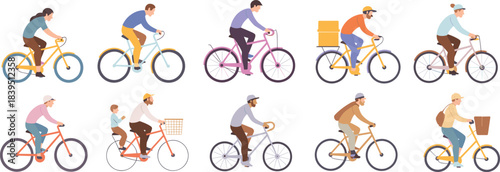 Cartoon bicycle rider set with diverse bikes, accessories, and casual outfits for transportation, lifestyle, and urban mobility themes.