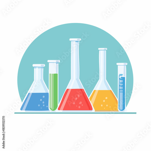 Modern chemistry laboratory glassware with colorful chemical liquids flat vector illustration