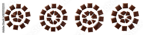 Set of scattered milk chocolate chunks with caramel-filled pieces and triangular shards on transparent background