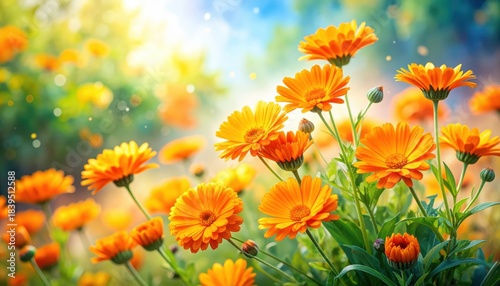 Orange blooms cover vast sun drenched meadow field bursts with bright orange petals under clear sky