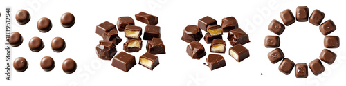 Set of scattered milk chocolate chunks with caramel-filled pieces and triangular shards on transparent background