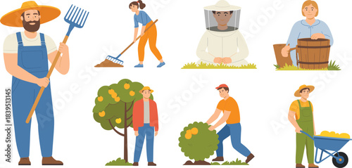 Cartoon farming activity set with beekeeping, harvesting, and raking for agriculture, rural lifestyle, and educational themes.