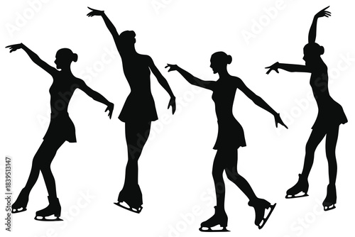 Four silhouettes of figure skaters performing graceful poses on ice