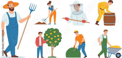 Cartoon farming activity set with beekeeping, fruit harvesting, and soil preparation for agriculture, education, and rural lifestyle themes.