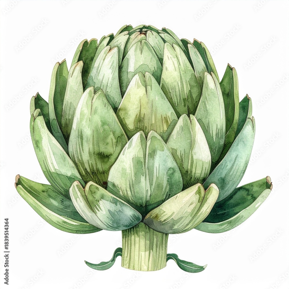 Obraz premium Green Artichoke Vegetable Watercolor Illustration Isolated On White Background Healthy Food