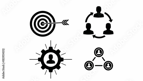 Set of business and management icons representing goals, teamwork, efficiency, and networking concepts.