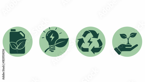 Four green circular icons representing environmental sustainability, eco-friendly energy, recycling, and nature conservation.