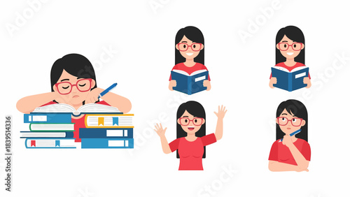 A cartoon girl with glasses studying, reading, thinking, and waving, depicting various student activities.