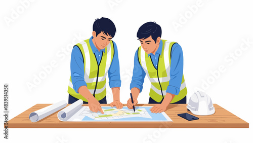 Two male engineers or construction workers reviewing blueprints on a table with a hard hat and smartphone.