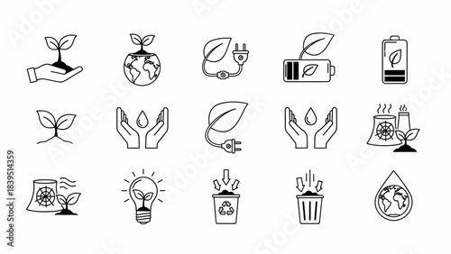 Collection of black and white line icons representing environmental protection, green energy, and sustainability concepts.