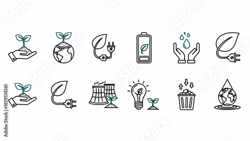 A collection of line icons representing environmental protection, green energy, sustainability, and ecological conservation concepts.