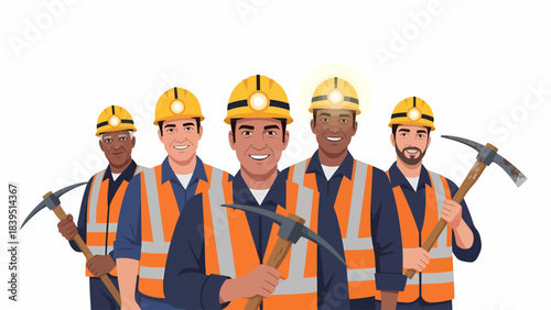 Five diverse male miners or construction workers wearing safety gear and holding pickaxes, smiling at the camera.