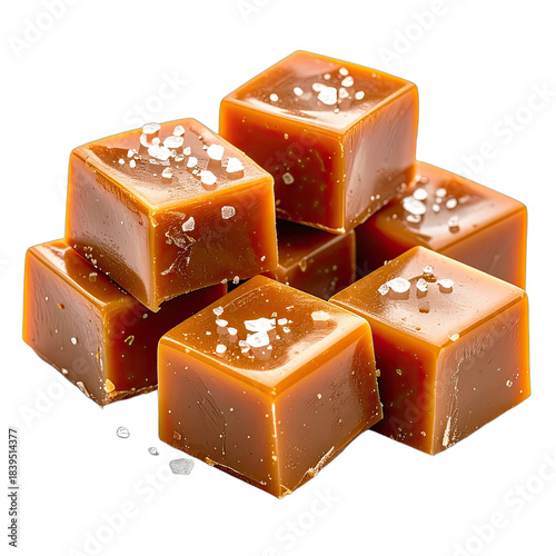 A tempting pile of sea salt caramel candies isolated on black.
