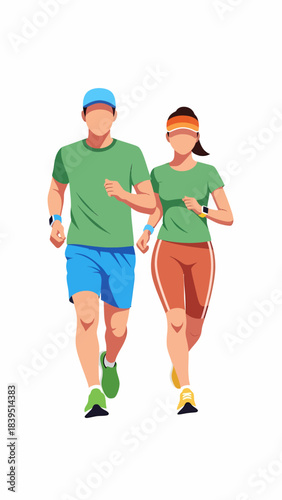 Flat vector illustration of a man and woman jogging together in athletic wear with fitness trackers, promoting health and exercise.