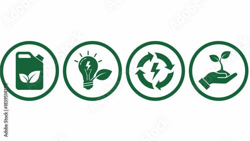 Four green circular icons representing environmental sustainability, renewable energy, recycling, and nature conservation on a white background.