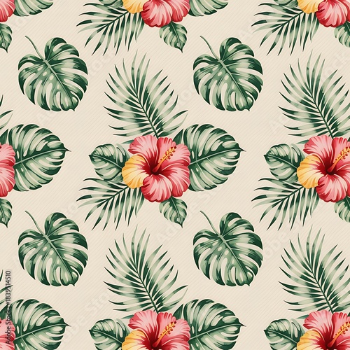 Vibrant watercolor tropical floral pattern with hibiscus flowers and lush green palm leaves
