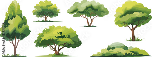Cartoon tree and shrub set with varied foliage shapes and greenery for nature, landscaping, and educational plant themes.