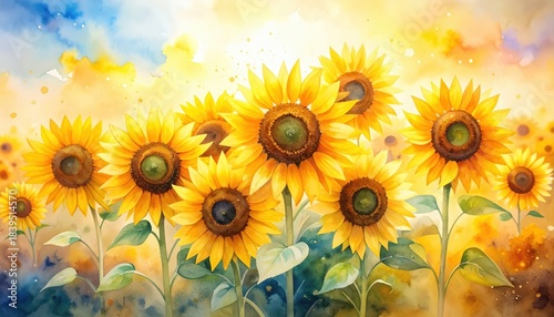 Watercolor painting features vibrant sunflowers illustration depicts bright sunflowers in painted style