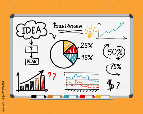 Business planning sketch on board with idea cloud, pie chart percentages, trend graphs, arrows, financial analytics, brainstorm notes and colorful hand drawn strategy elements for creative concepts