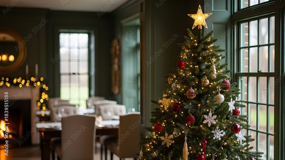 Obraz premium Festive Christmas Tree Decorated with lights ornaments and a glowing star in a cozy home interior