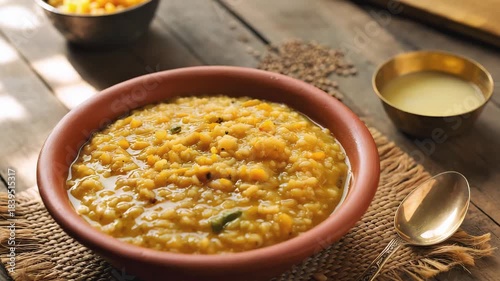 Cinematic Food Video of Traditional Indian Khichdi Bowl with Rice, Lentils, and Ghee on Rustic Table