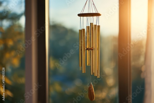 Golden Wind Chime Hanging by Window Peaceful Day