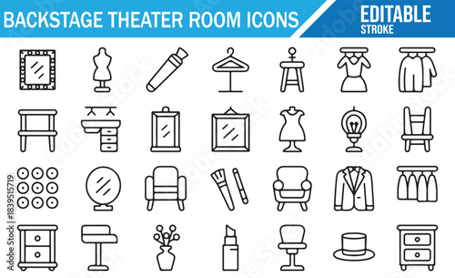 Stage preparation and backstage room outline icon set, performance support symbols
