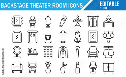 Theater backstage and dressing room thin line icon collection