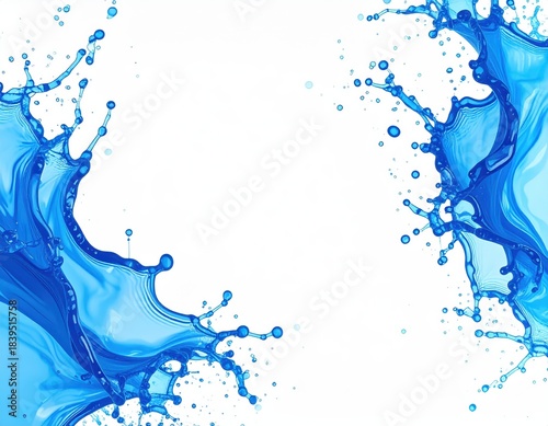 Blue water splashes against pure white backdrop fluid motion of blue water captured on white surface
