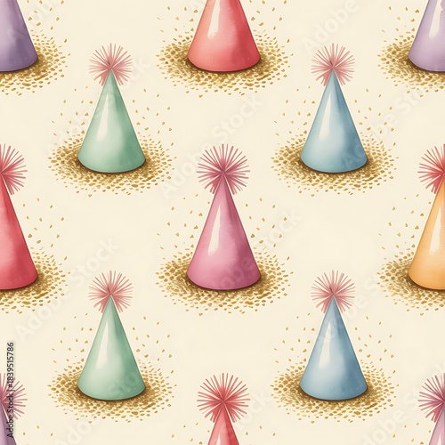 Seamless pattern of colorful pastel party hats with fluffy pom poms on a light textured background