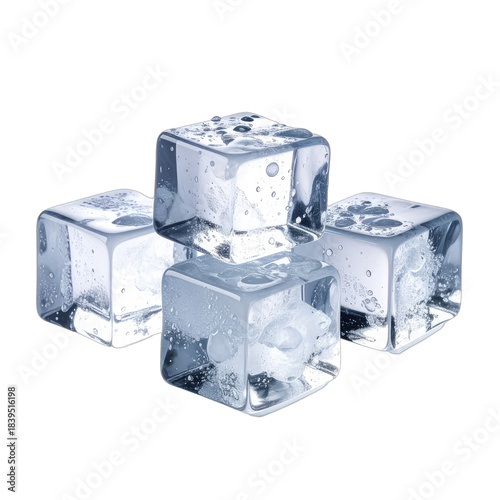 Four clear, wet ice cubes stacked on a solid black background.