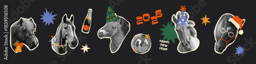 2026 New Year collage elements set with playful cut out shapes, vintage textures, and hand drawn doodles. Horses, disco ball, champagne for trendy retro holiday designs. Modern vector illustration.