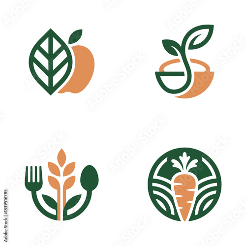 Modern organic and healthy food logos featuring natural produce for vegan nutrition and farm branding, presented as clean vector icons with a fresh green palette.