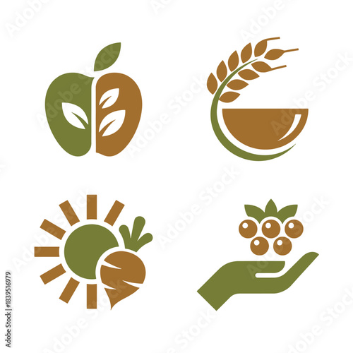 Organic Food Agriculture Natural Healthy Icons Vector Collection with Green and Brown Earthy Tones for Farming Harvest and Sustainable Produce Branding.