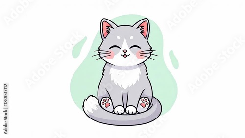 Adorable Grey Cartoon Kitten Sitting and Blinking Happily.