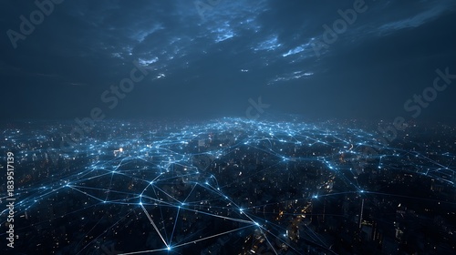 Futuristic Cityscape with Glowing Blue Network Connections at Night technology data photo