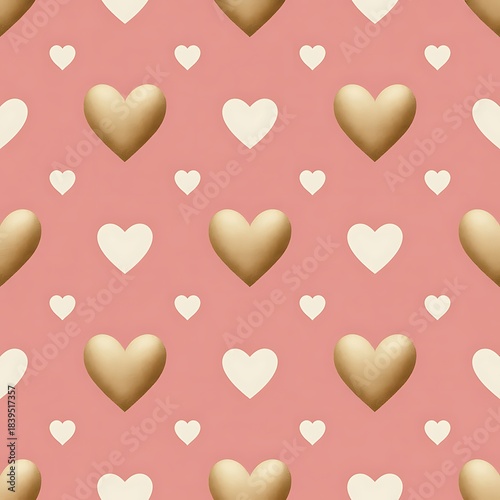 Seamless pattern of golden and cream colored hearts on a soft pink background for romantic design