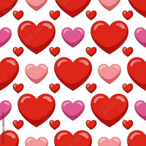 Seamless pattern of red and pink hearts on a white background for valentines day celebration