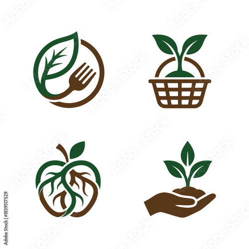 Collection of organic and healthy food, nature, and plant growth vector logo icon designs in earthy green and brown for sustainable branding.