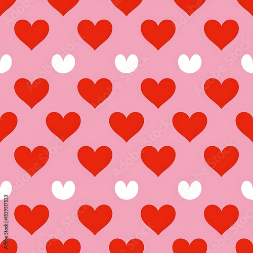 Seamless pattern of red and white hearts on a soft pink background for valentine s day