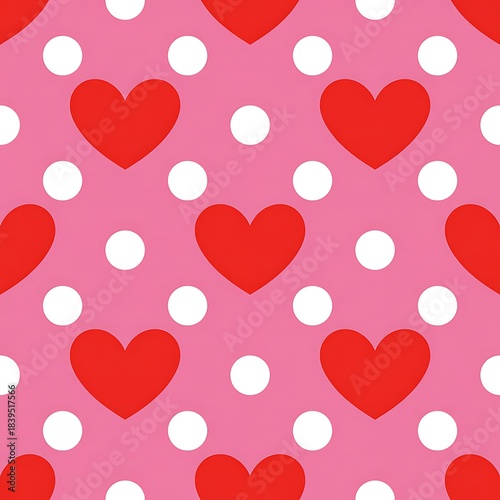 Seamless pattern of red hearts and white polka dots on a vibrant pink background for valentine s day