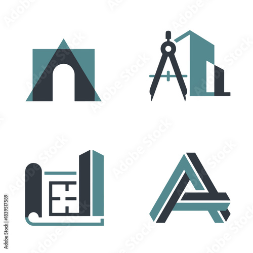 Modern Architecture and Construction Design Vector Icon Set showcasing Abstract Geometric shapes, Blueprint plans, and Engineering Building concepts, perfect for professional branding.