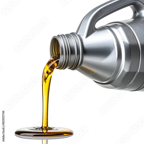 Golden engine oil pours from a metallic container against a black background.