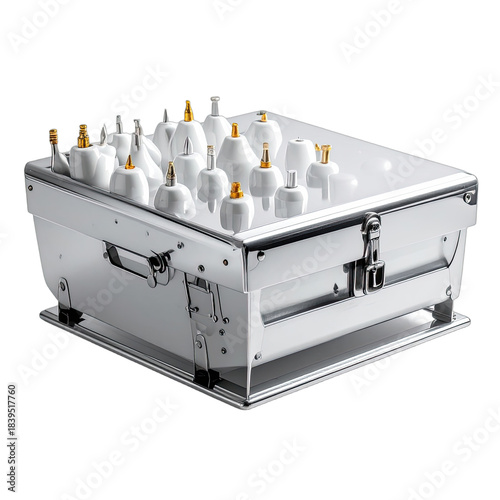 A luxurious chrome trunk showcasing an assortment of small, white ceramic bottles with gold accents on a black background.